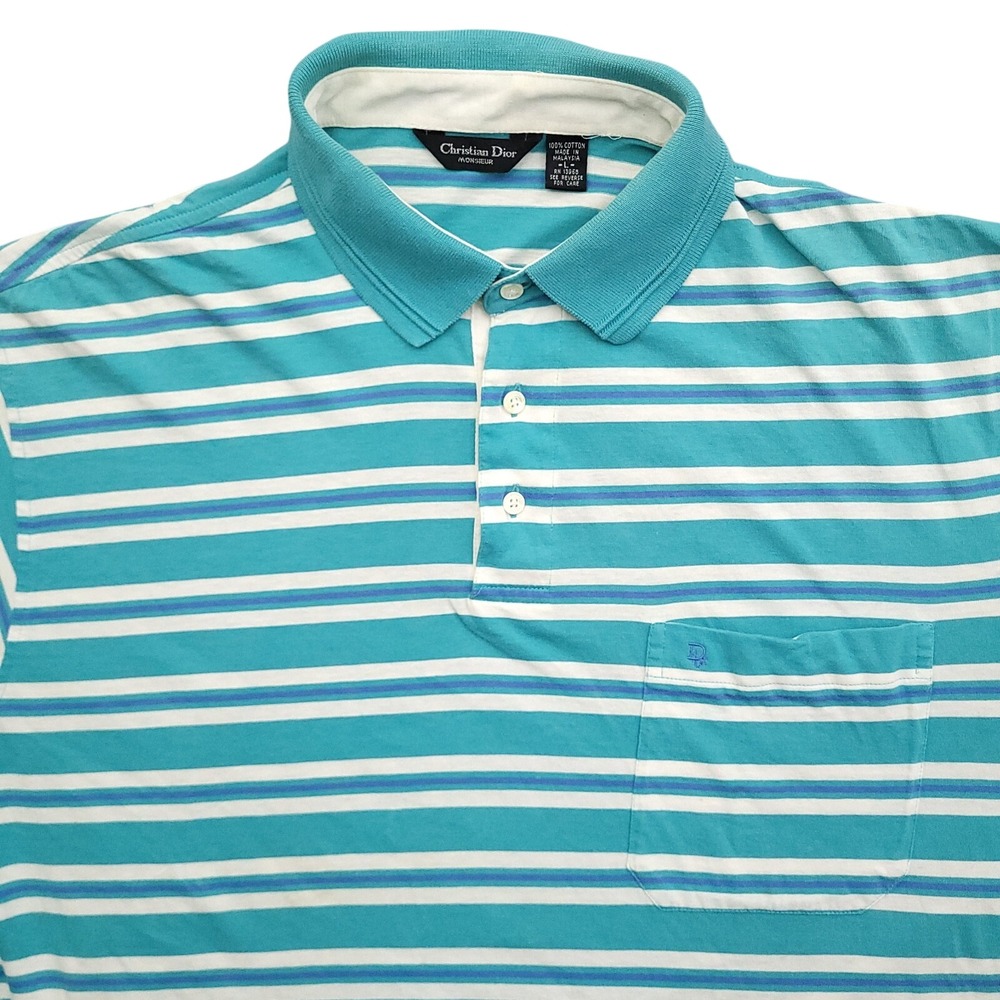 Christian‎ Dior Polo Shirt Mens Large Blue Stripe Monsieur Vintage 90s